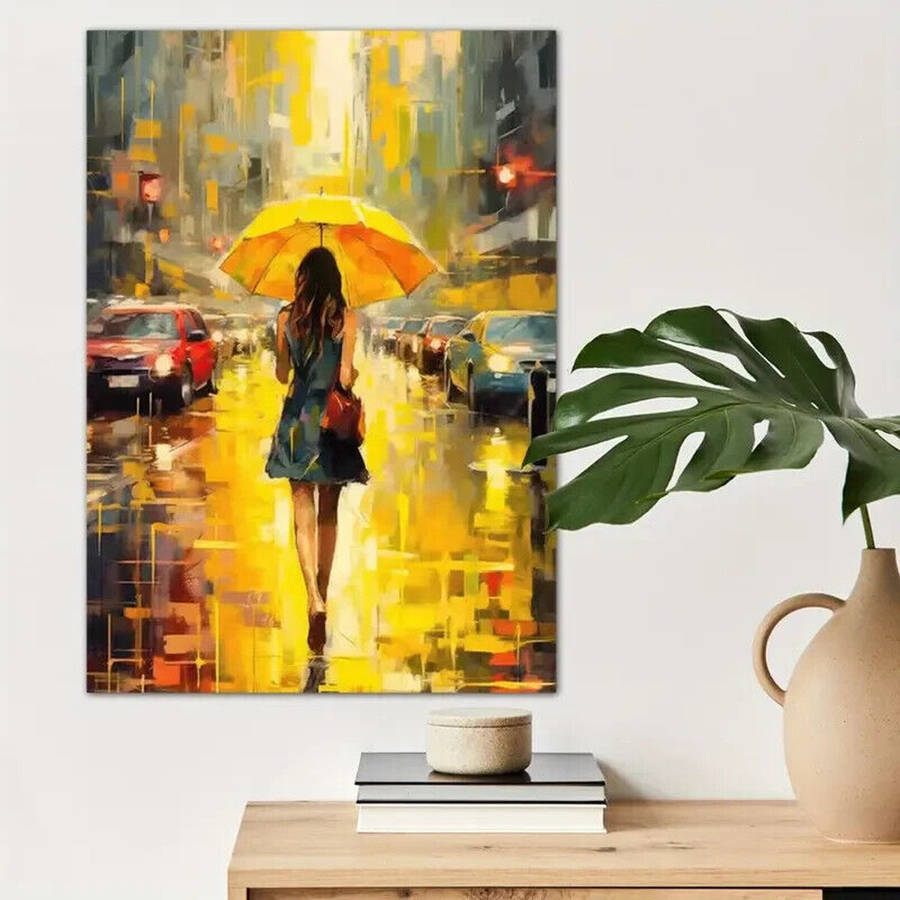 Woman Walking With Yellow Umbrella Canvas Print 16" x 24" Wall Art Home & Garden:Home Décor:Posters & Prints Style Your Walls